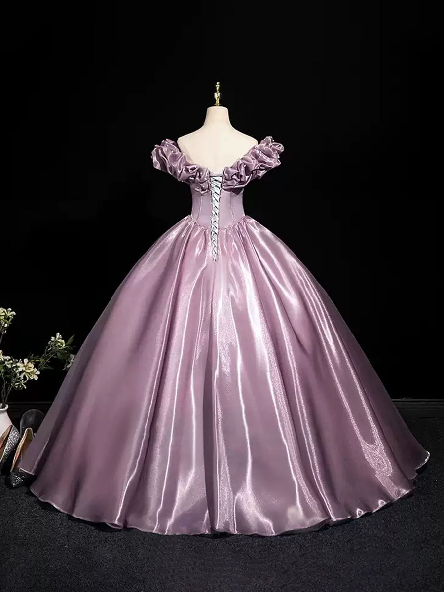 Off-the-shoulder Ball Gown with Ruffled Sleeves Floor-Length Pleated Design Pearls & Lace-up