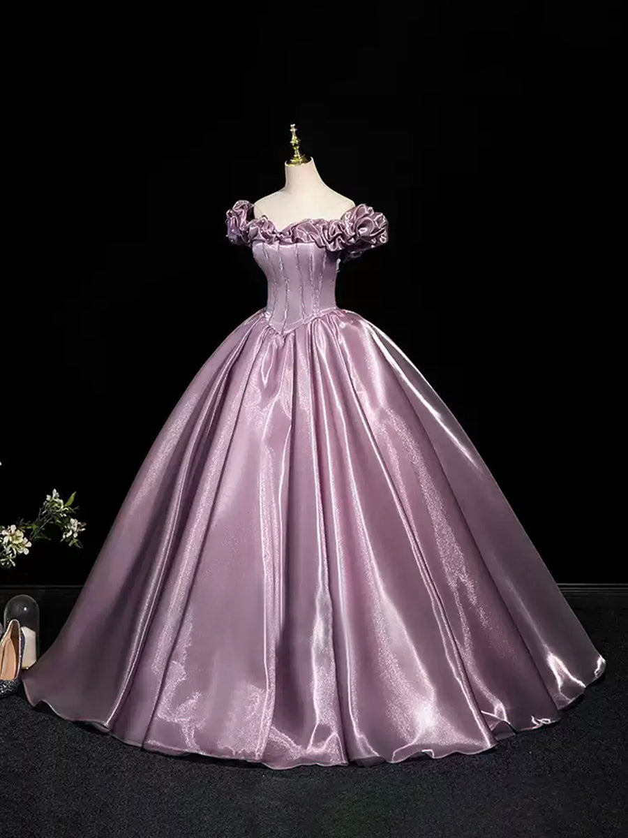 Off-the-shoulder Ball Gown with Ruffled Sleeves Floor-Length Pleated Design Pearls & Lace-up