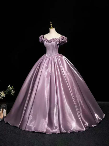 Off-the-shoulder Ball Gown with Ruffled Sleeves Floor-Length Pleated Design Pearls & Lace-up