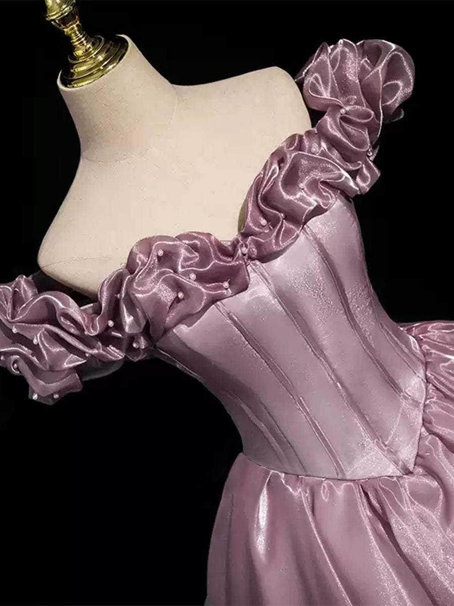 Off-the-shoulder Ball Gown with Ruffled Sleeves Floor-Length Pleated Design Pearls & Lace-up