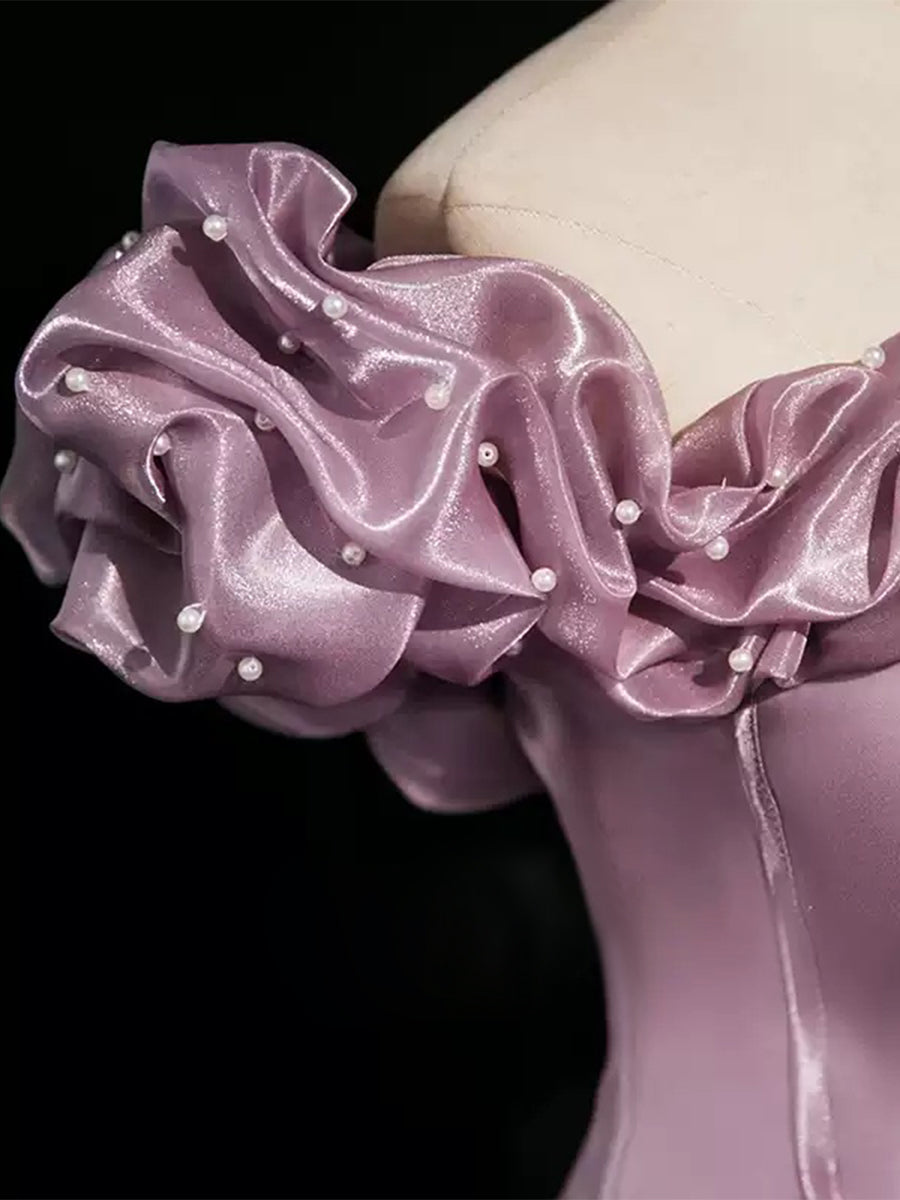 Off-the-shoulder Ball Gown with Ruffled Sleeves Floor-Length Pleated Design Pearls & Lace-up