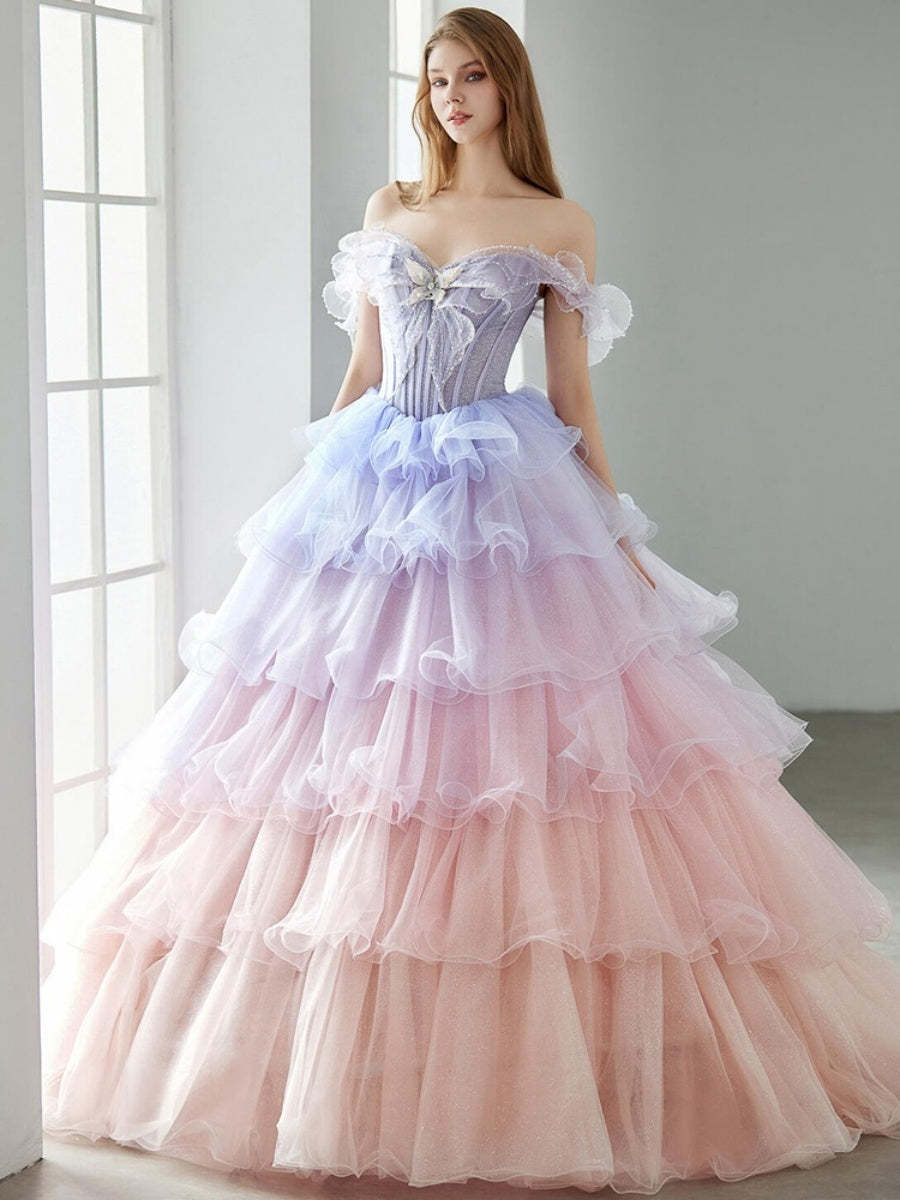 Off-the-shoulder Tiered Ball Gown with Ruffles Appliques and Lace-up in Floor-Length