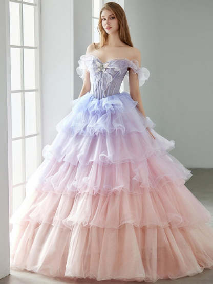 Off-the-shoulder Tiered Ball Gown with Ruffles Appliques and Lace-up in Floor-Length