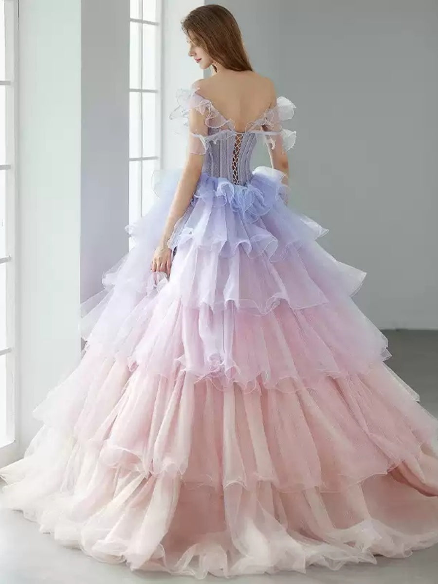 Off-the-shoulder Tiered Ball Gown with Ruffles Appliques and Lace-up in Floor-Length