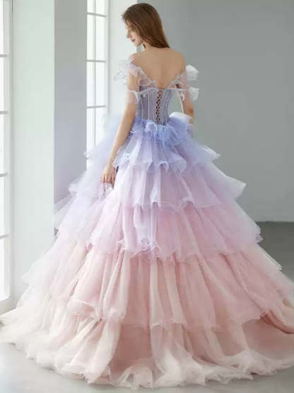 Off-the-shoulder Tiered Ball Gown with Ruffles Appliques and Lace-up in Floor-Length