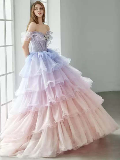 Off-the-shoulder Tiered Ball Gown with Ruffles Appliques and Lace-up in Floor-Length