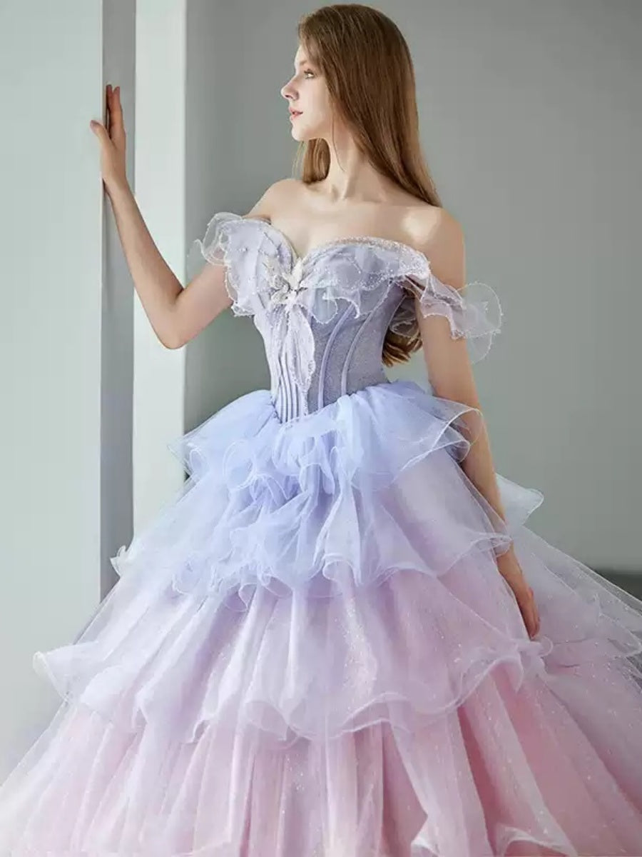 Off-the-shoulder Tiered Ball Gown with Ruffles Appliques and Lace-up in Floor-Length