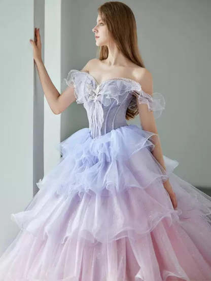 Off-the-shoulder Tiered Ball Gown with Ruffles Appliques and Lace-up in Floor-Length