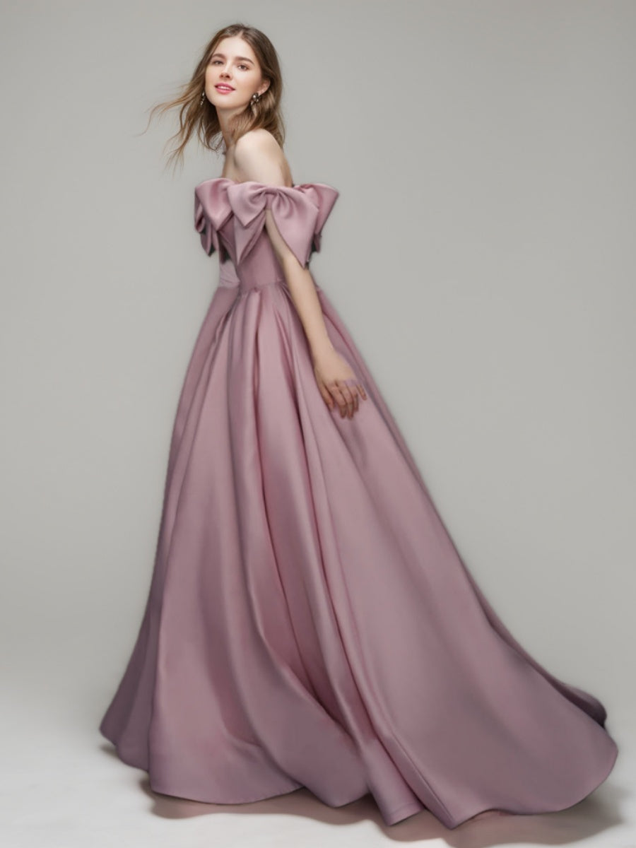 Off-the-shoulder Pleated Prom Ball Gown with Bows in Floor-Length