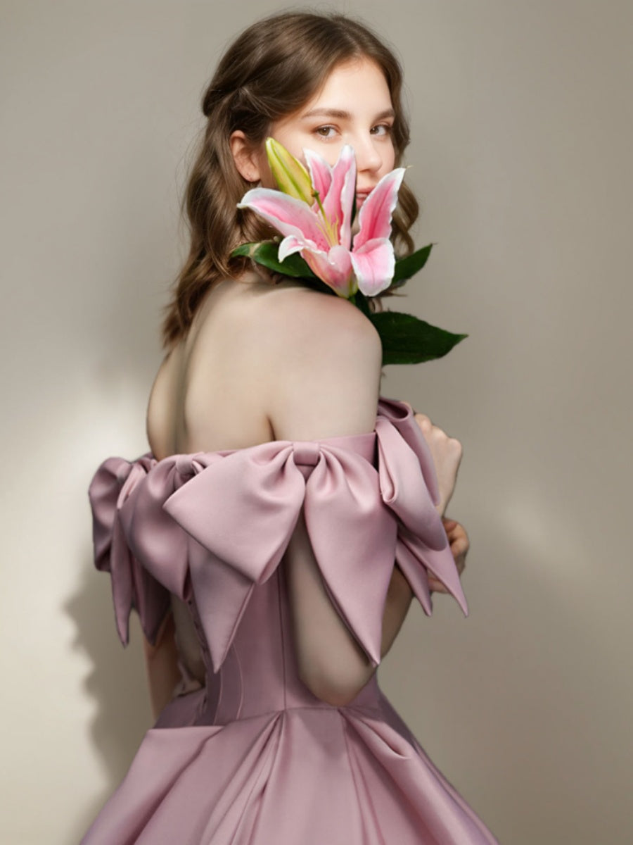 Off-the-shoulder Pleated Prom Ball Gown with Bows in Floor-Length