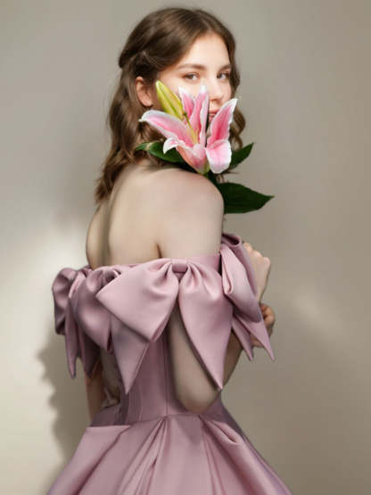 Off-the-shoulder Pleated Prom Ball Gown with Bows in Floor-Length