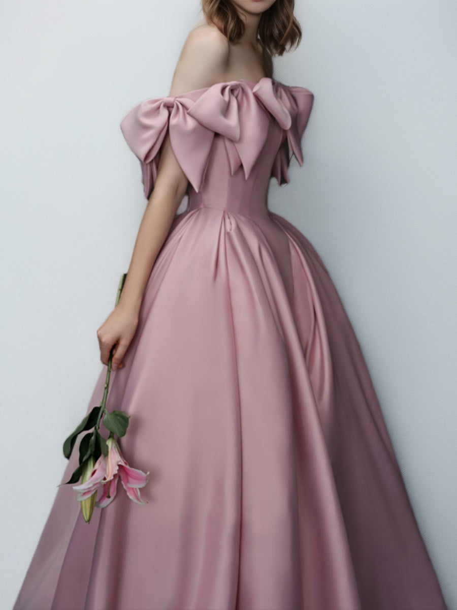 Off-the-shoulder Pleated Prom Ball Gown with Bows in Floor-Length