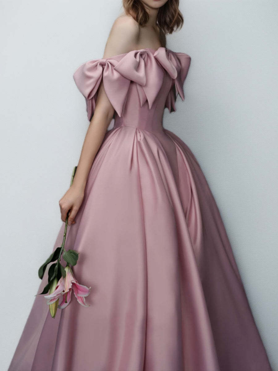 Off-the-shoulder Pleated Prom Ball Gown with Bows in Floor-Length