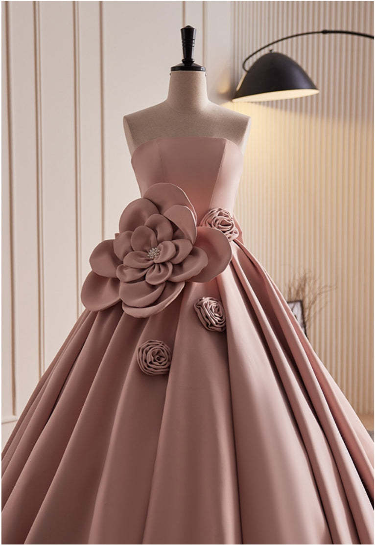 Off-the-shoulder Pleated Ball Gown Prom Dress with 3D Flowers Lace-up Bow and Pearls