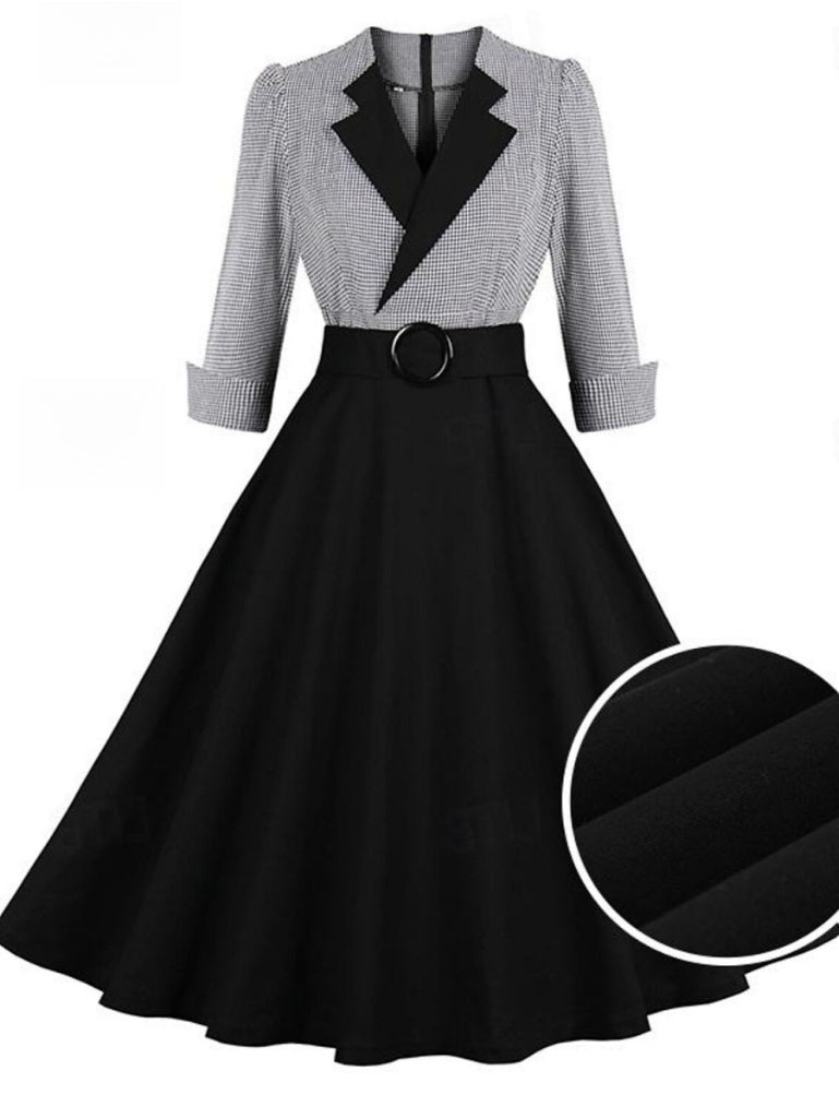 Vintage 1950s A-Line Princess Dress with V-Neck Long Sleeves and Belt