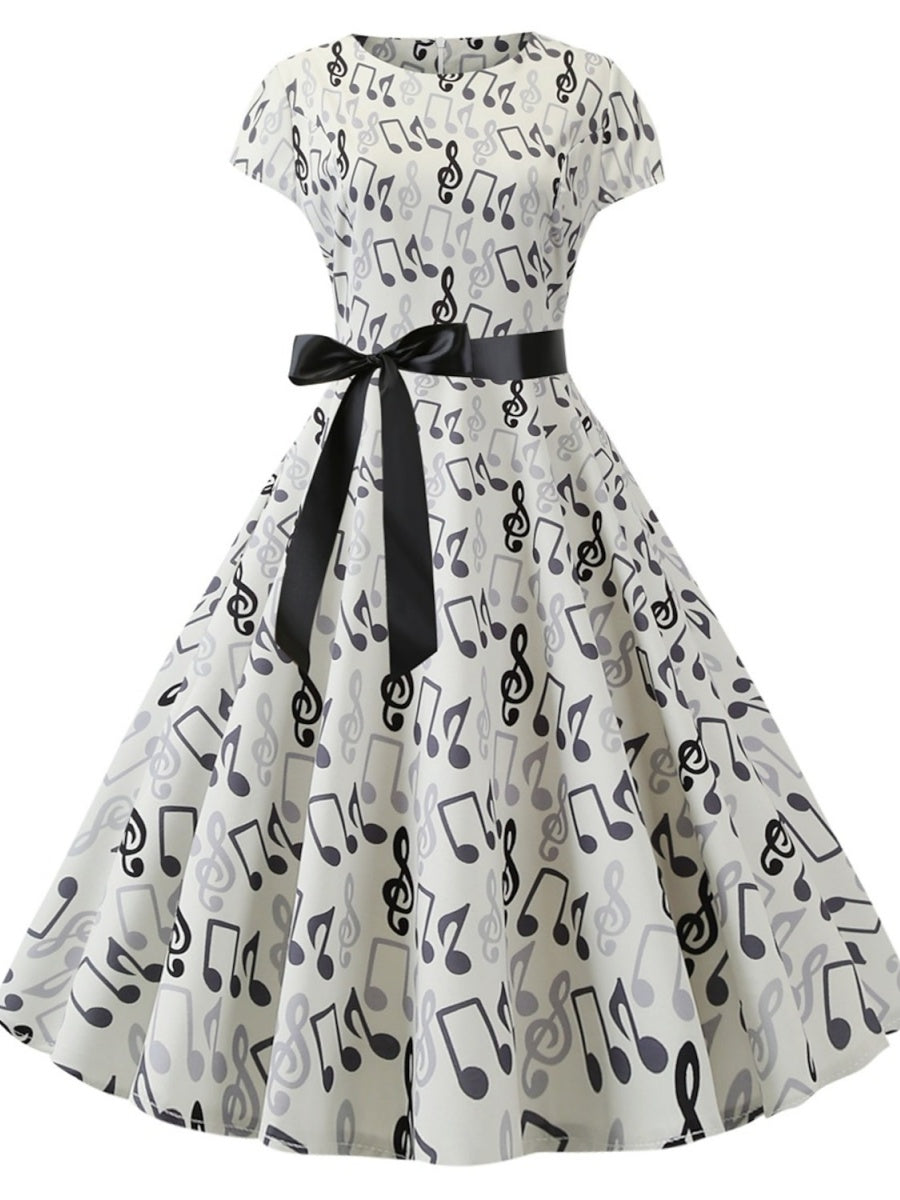 Vintage 1950s A-Line Princess Dress with Scoop Neck and Short Sleeves Featuring a Bow Sash