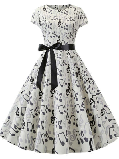 Vintage 1950s A-Line Princess Dress with Scoop Neck and Short Sleeves Featuring a Bow Sash