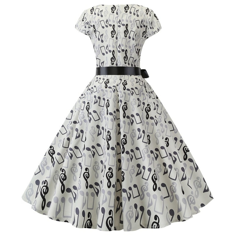 Vintage 1950s A-Line Princess Dress with Scoop Neck and Short Sleeves Featuring a Bow Sash