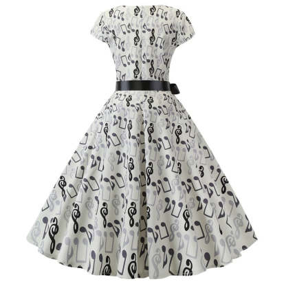 Vintage 1950s A-Line Princess Dress with Scoop Neck and Short Sleeves Featuring a Bow Sash