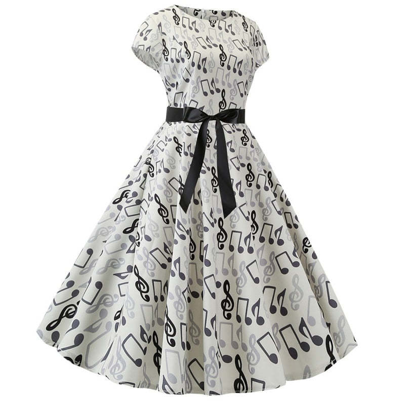 Vintage 1950s A-Line Princess Dress with Scoop Neck and Short Sleeves Featuring a Bow Sash