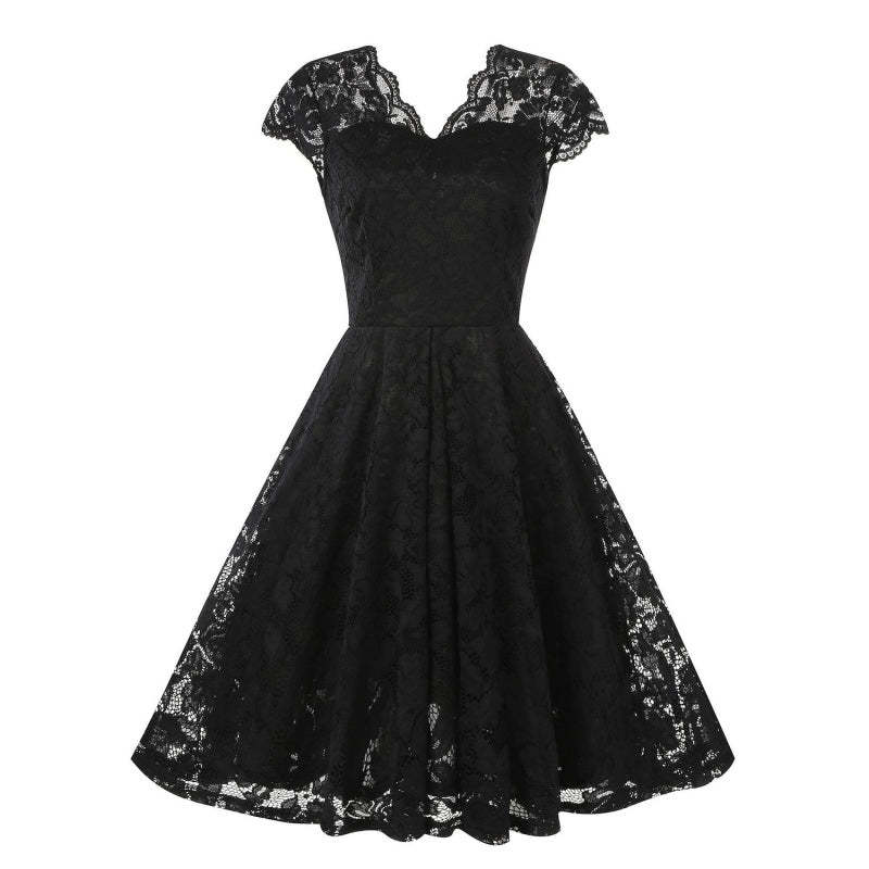 Vintage 1950s A-Line Princess Dress with V-Neck Short Sleeves and Lace Appliques