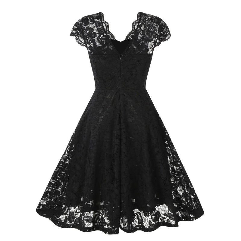 Vintage 1950s A-Line Princess Dress with V-Neck Short Sleeves and Lace Appliques