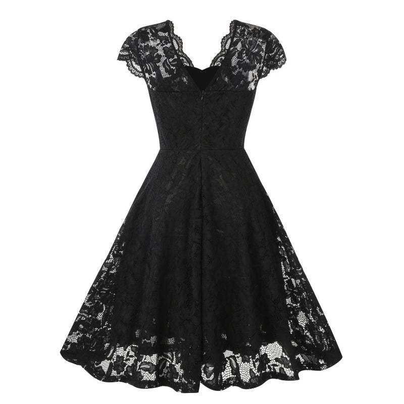 Vintage 1950s A-Line Princess Dress with V-Neck Short Sleeves and Lace Appliques