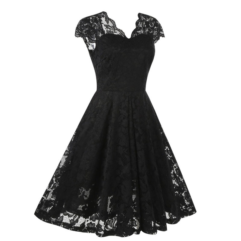 Vintage 1950s A-Line Princess Dress with V-Neck Short Sleeves and Lace Appliques