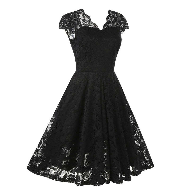Vintage 1950s A-Line Princess Dress with V-Neck Short Sleeves and Lace Appliques