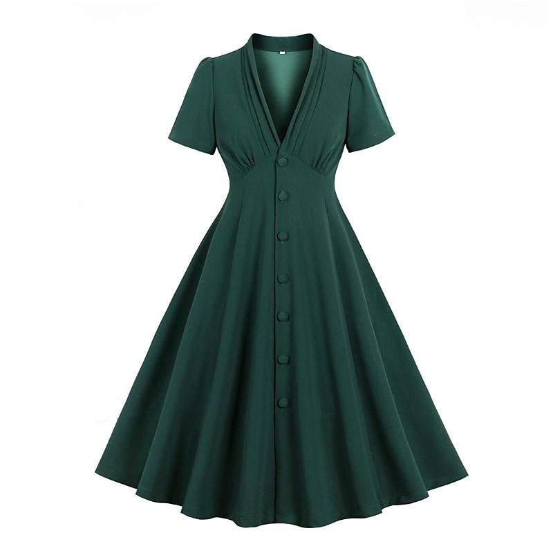 Vintage 1950s A-Line Princess Dress with V-Neck Short Sleeves Ruched Detail Pleats Bow and Buttons