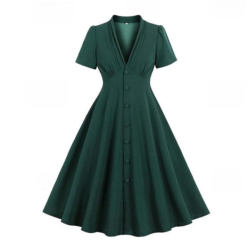 Vintage 1950s A-Line Princess Dress with V-Neck Short Sleeves Ruched Detail Pleats Bow and Buttons
