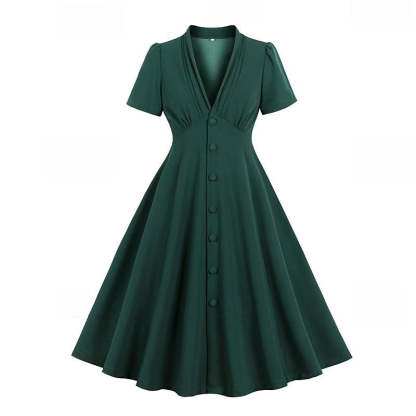 Vintage 1950s A-Line Princess Dress with V-Neck Short Sleeves Ruched Detail Pleats Bow and Buttons