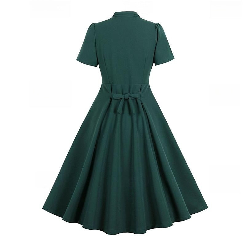 Vintage 1950s A-Line Princess Dress with V-Neck Short Sleeves Ruched Detail Pleats Bow and Buttons