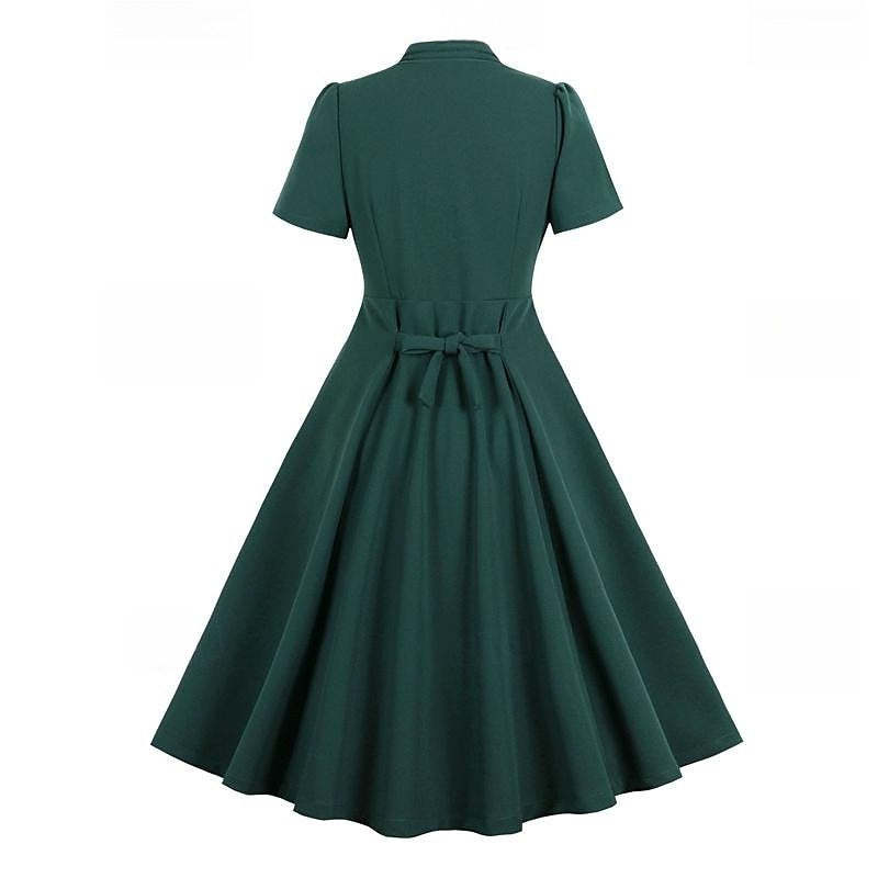 Vintage 1950s A-Line Princess Dress with V-Neck Short Sleeves Ruched Detail Pleats Bow and Buttons