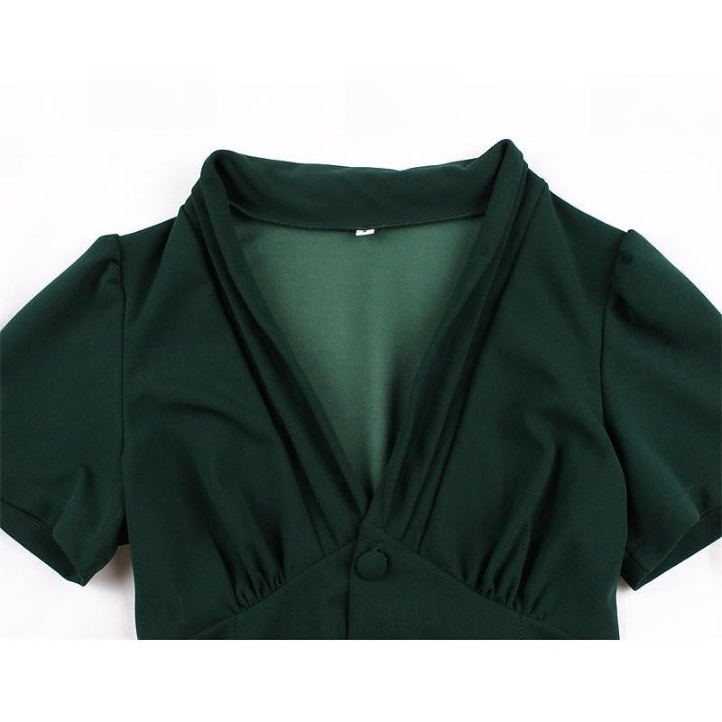 Vintage 1950s A-Line Princess Dress with V-Neck Short Sleeves Ruched Detail Pleats Bow and Buttons