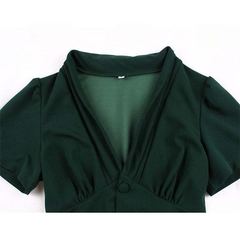 Vintage 1950s A-Line Princess Dress with V-Neck Short Sleeves Ruched Detail Pleats Bow and Buttons