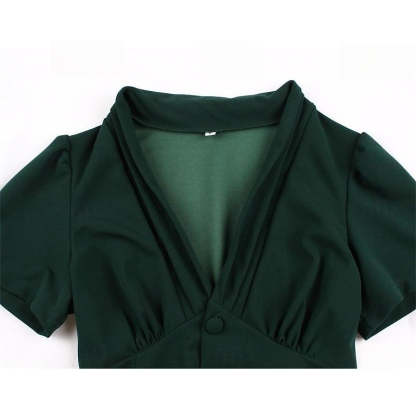 Vintage 1950s A-Line Princess Dress with V-Neck Short Sleeves Ruched Detail Pleats Bow and Buttons