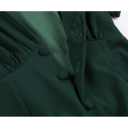 Vintage 1950s A-Line Princess Dress with V-Neck Short Sleeves Ruched Detail Pleats Bow and Buttons