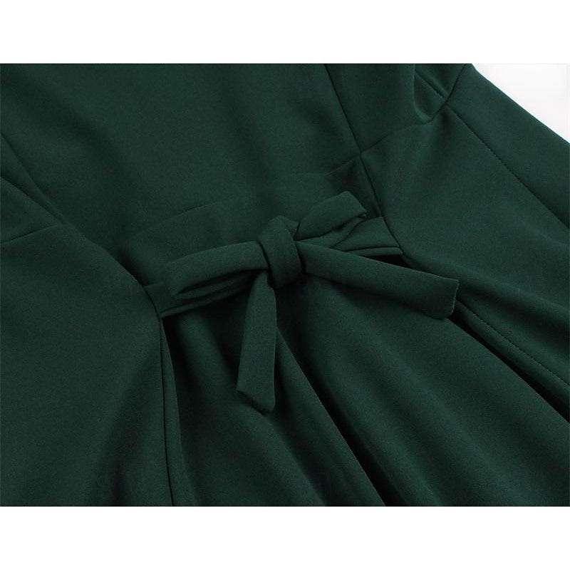 Vintage 1950s A-Line Princess Dress with V-Neck Short Sleeves Ruched Detail Pleats Bow and Buttons