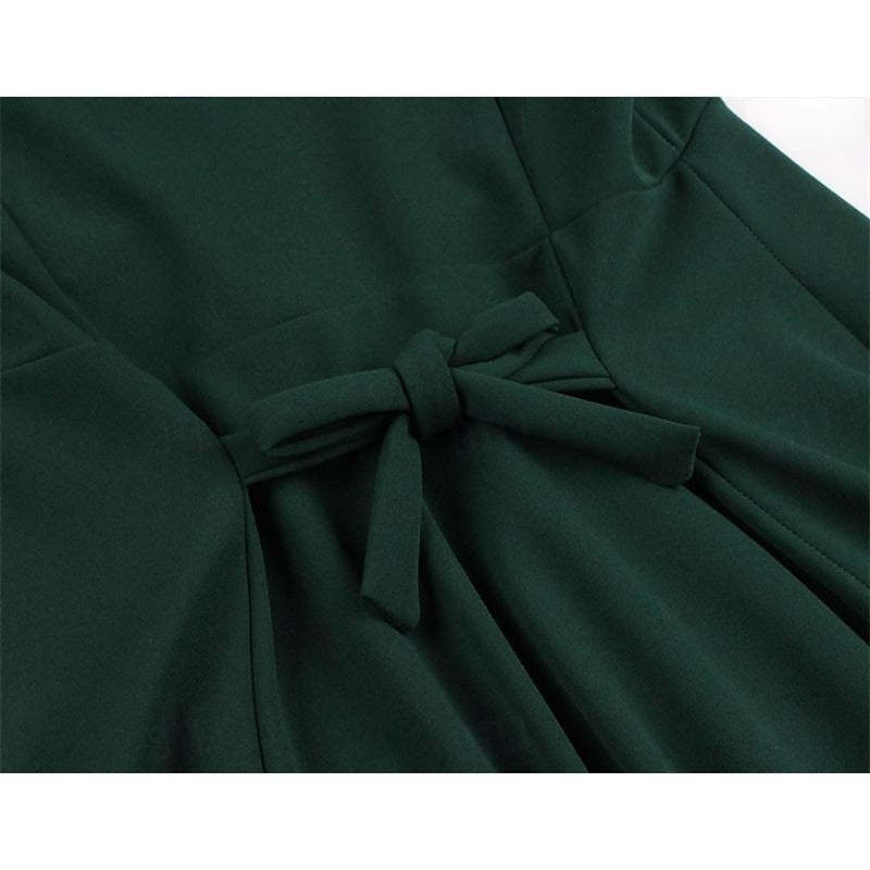 Vintage 1950s A-Line Princess Dress with V-Neck Short Sleeves Ruched Detail Pleats Bow and Buttons