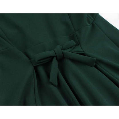 Vintage 1950s A-Line Princess Dress with V-Neck Short Sleeves Ruched Detail Pleats Bow and Buttons