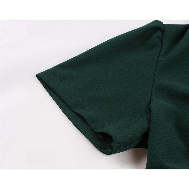 Vintage 1950s A-Line Princess Dress with V-Neck Short Sleeves Ruched Detail Pleats Bow and Buttons