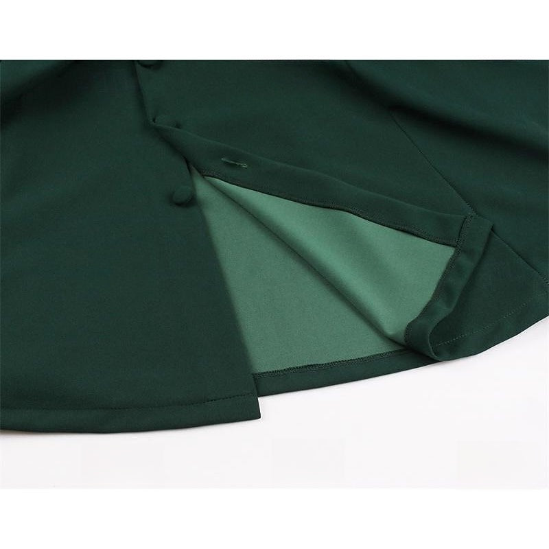 Vintage 1950s A-Line Princess Dress with V-Neck Short Sleeves Ruched Detail Pleats Bow and Buttons