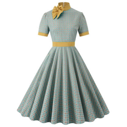 Vintage 1950s A-Line Princess Dress with High Neck Short Sleeves Bow and Pocket
