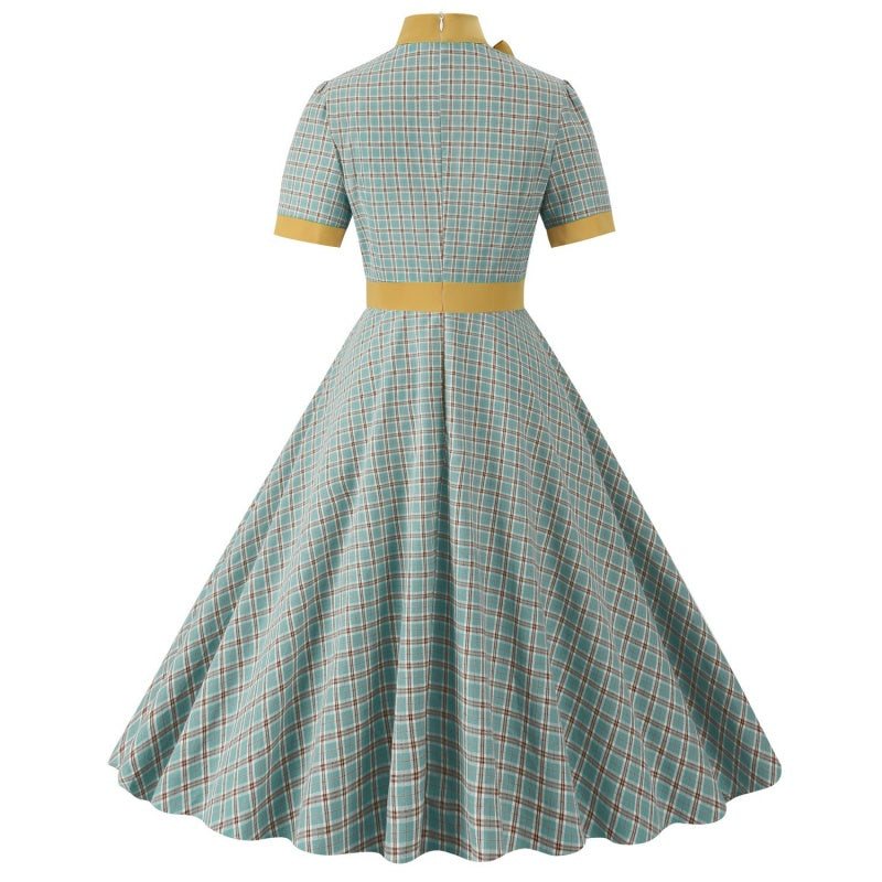 Vintage 1950s A-Line Princess Dress with High Neck Short Sleeves Bow and Pocket