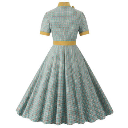 Vintage 1950s A-Line Princess Dress with High Neck Short Sleeves Bow and Pocket