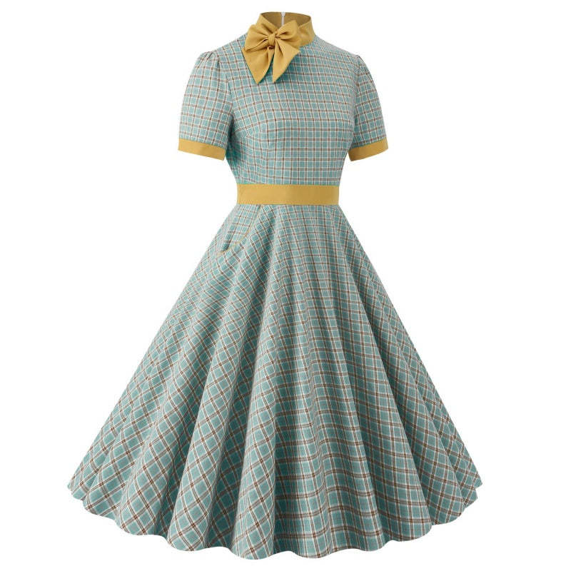Vintage 1950s A-Line Princess Dress with High Neck Short Sleeves Bow and Pocket