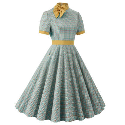 Vintage 1950s A-Line Princess Dress with High Neck Short Sleeves Bow and Pocket
