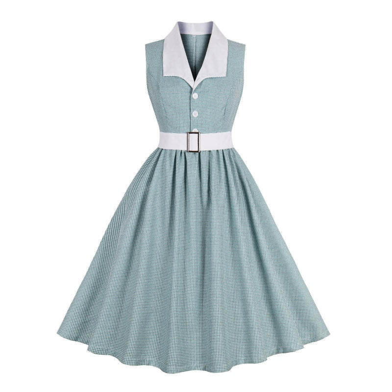 Vintage 1950s Pleated A-Line/Princess Sleeveless Dress with V-Neck Belt & Buttons