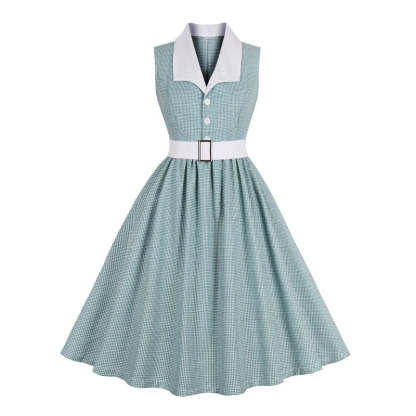 Vintage 1950s Pleated A-Line/Princess Sleeveless Dress with V-Neck Belt & Buttons